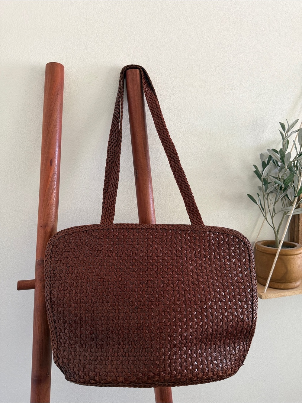 Leather woven vintage tote bag